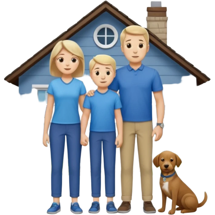 a mom and dad standing in front of a house with their son and a dog next to them (1 dog) and 1 SON not daughter the son should be very short emoji