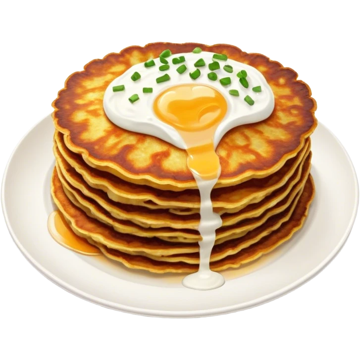 Cinematic Realistic Placki Ziemniaczane Dish Emoji, depicted as crispy potato pancakes served with sour cream rendered with vivid textures and warm, appetizing lighting. emoji