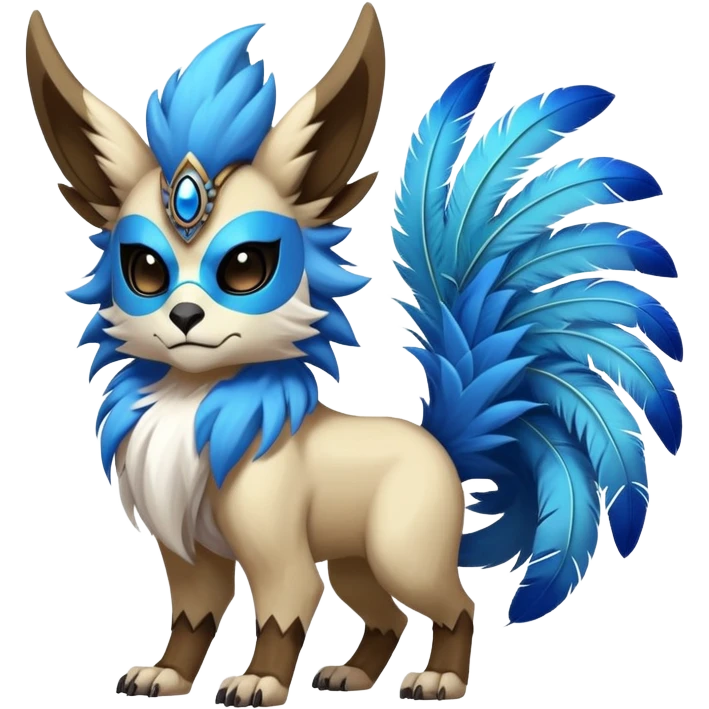 Furry cute colorful exotic tribal feral anime-styled Fakémon-Pokémon-animal-creature with a skull mask, and a feather-mane-collar, and blue feathers, with long furry ears, long furry tail, 4 legs, (full body) emoji