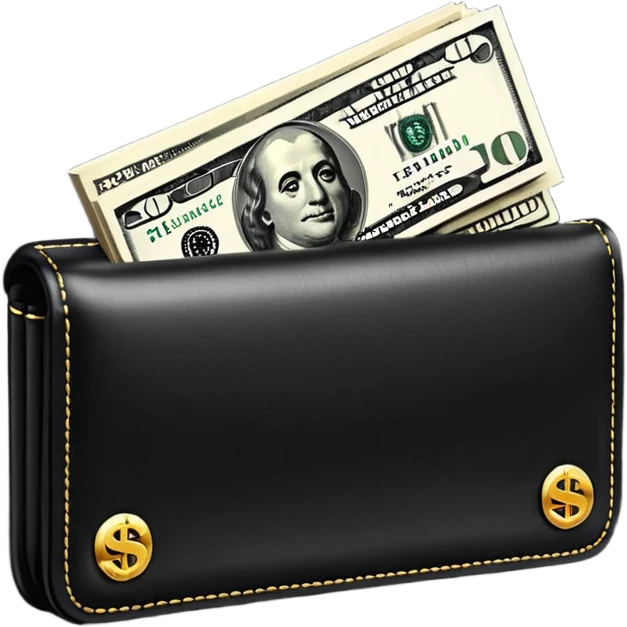 Rich emoji style black leather wallet with dollar bills, luxury money vibe, premium 3D emoji, ultra clean, high detail, no background
 emoji