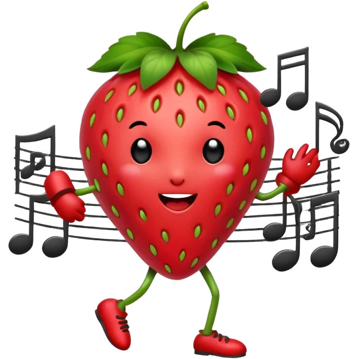 A Dancing strawberry with music notes around emoji