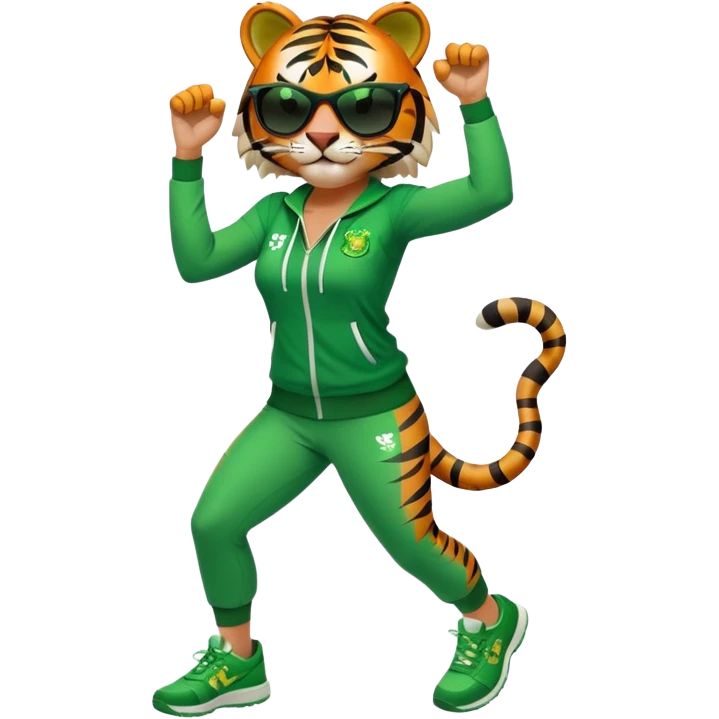 female energetic anthropomorphised tiger in full body, wearing St. Patrick's Day themed sportswear and dark sunglasses, dynamic pose emoji