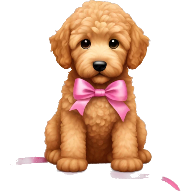 Ginger golden doodle. Baby. Full body sitting down. Pink ribbon  emoji