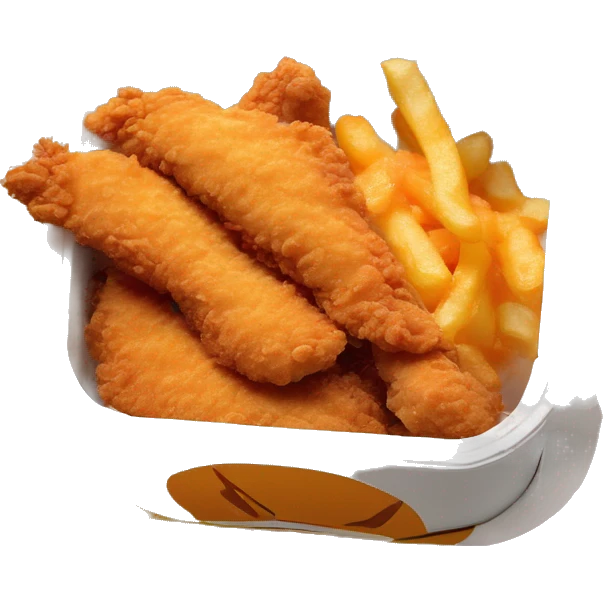 3 chicken tenders with crinkle fries and orange sauce on the side in a styrofoam container styrofoam container emoji