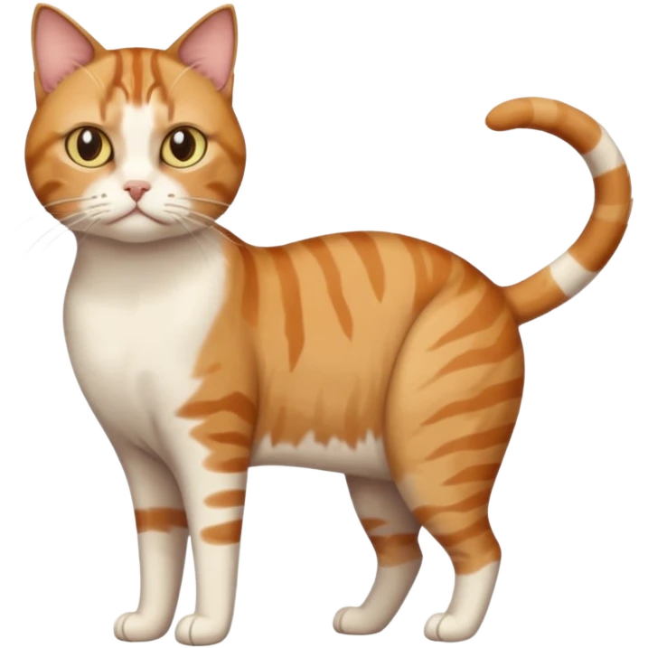 full body white, ginger and brown tabby calicio cat with skinny head and fat body with an anxious face emoji