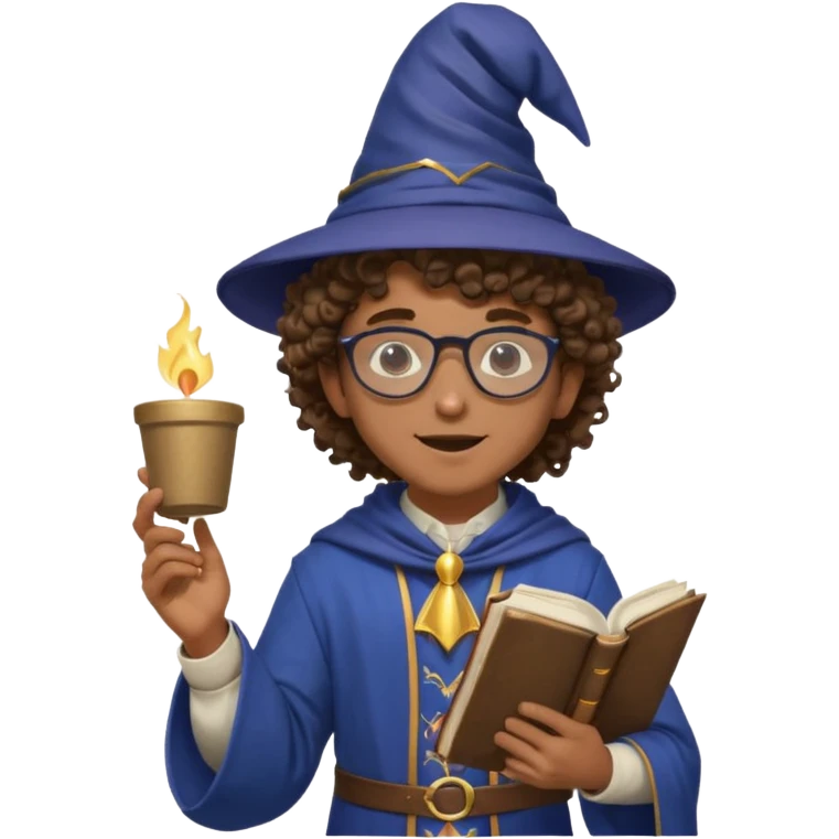 A Joyful Teen Male with Brown skin and Curly hair, wearing a Traditional outfit, a Wizard hat, Sunglasses, carrying a Spellbook, working as a farmer, while drinking Coffee and reading a Textbook. emoji