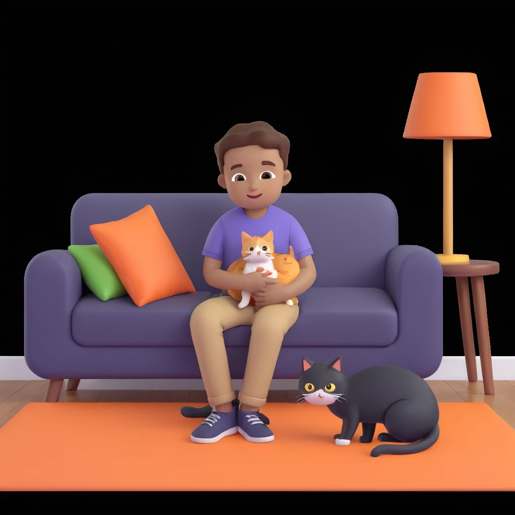 boy and cat pet, living room background emoji