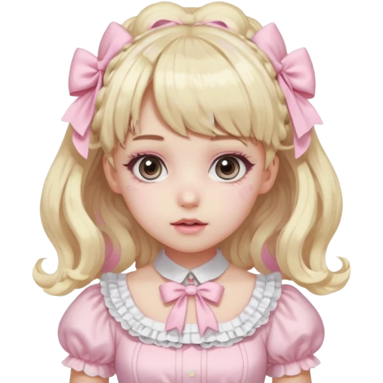 pale girl , who has curly medium length blonde and baby pink swirled hair with bangs , grey eyes , and doll like makeup , in a light pink lolita hime gyaru dress  emoji