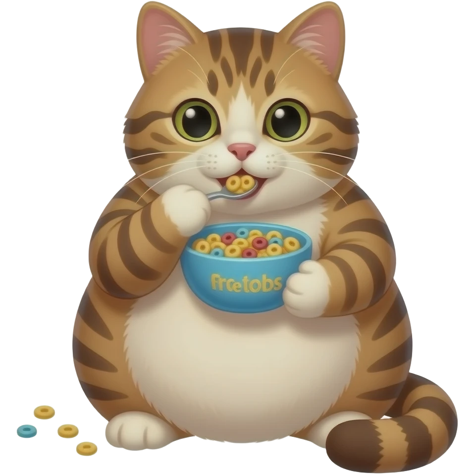 Fat Brown and cream color tabby cat with orange spot on forehead. Eating a bowl of froot loops cereal emoji