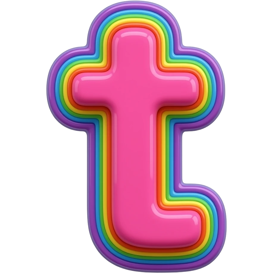 name "t" in raspberry pink, 3D style typography lettering, each color of the rainbow as a border outlined around each letter, isolated, 3d rendering, no emoji icons no emoji faces and must have no human figures emoji