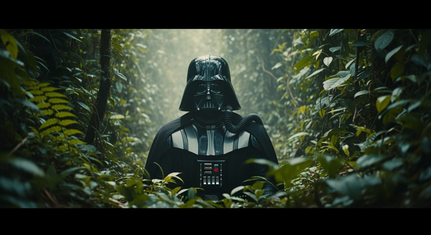 cinematic still, documentary photography, amazon jungle, well lit scene, Darth Vader is exploring the jungle, close up, front shot, rule of thirds emoji