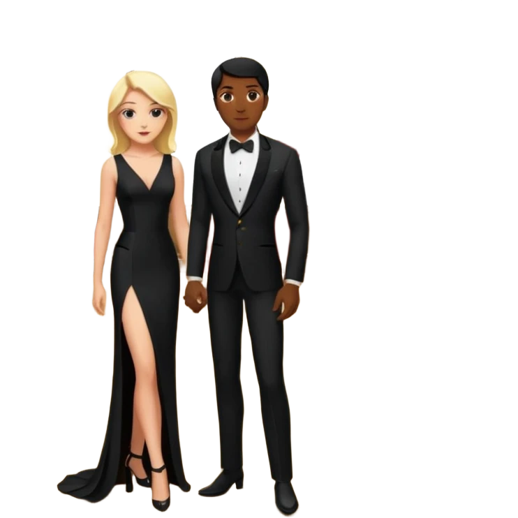Blonde woman, black, Long, tight, sleveless Dress, Slot left Leg, man, black Hair, in Dinner jacket, Background ballroom emoji