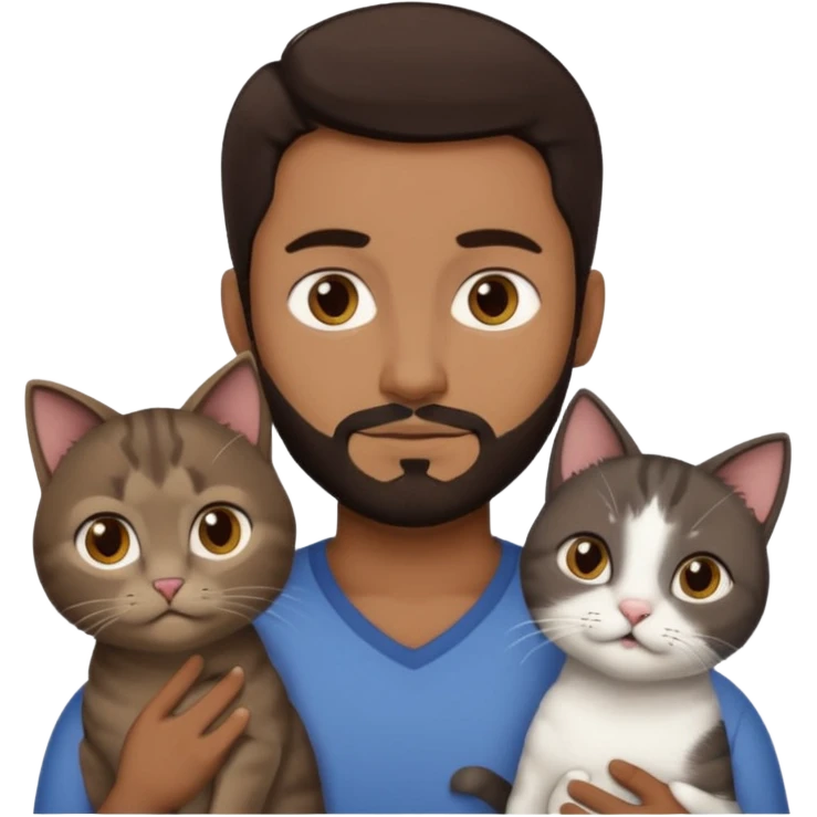Make a couple and a cat emoji. The first person is a man with dark brown hair and a beard that’s not to long. The other person is a woman with even darker brown hair and is a little brown skinned but not much. The cat is 15weeks so little and grey and white with a little brown on her face and chest emoji