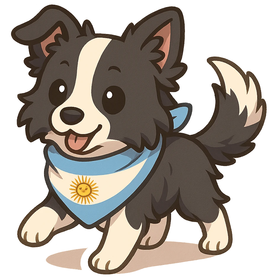 Border Collie dog with Argentinian flag bandana, playful stance, cartoon style emoji