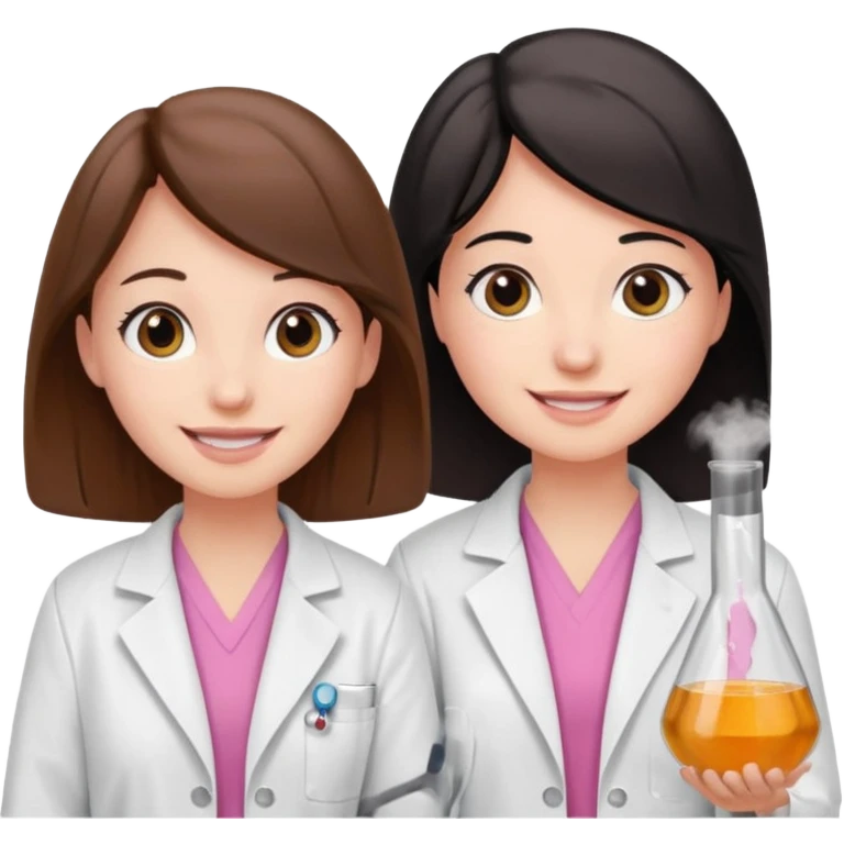 cientificas con blusa rosa y bata blanca felices, una chica con pelo marrón y otra chica con pelo negro emoji