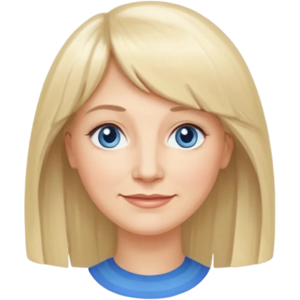 50 yr old white woman, curtain bangs, very long straight blond hair, oval face, small smile, blue eyes, thin face, hair down to elbows, round cheeks, pale emoji