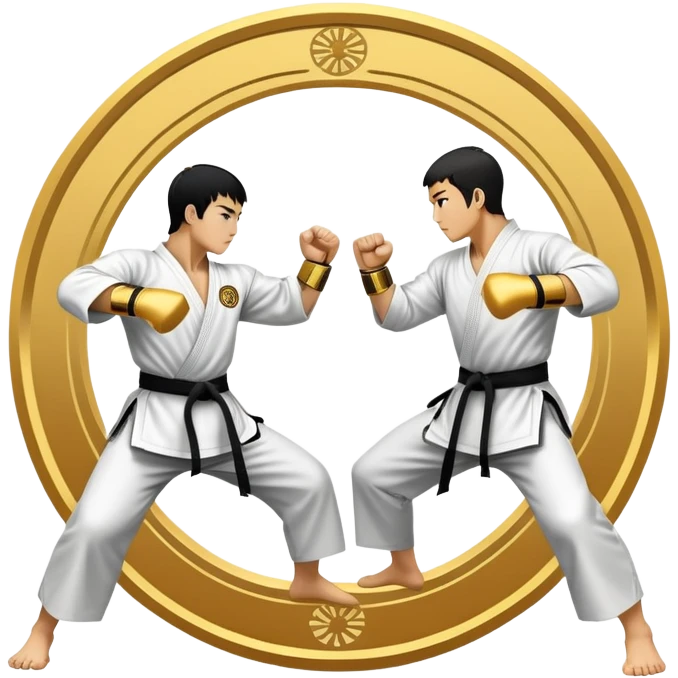 Round emblem symbolizing striking martial arts. The emblem features two fighters in dynamic stances, one delivering a powerful punch while the other defends with a block. In the center, a stylized fist and foot crossed to represent the essence of striking.  emoji