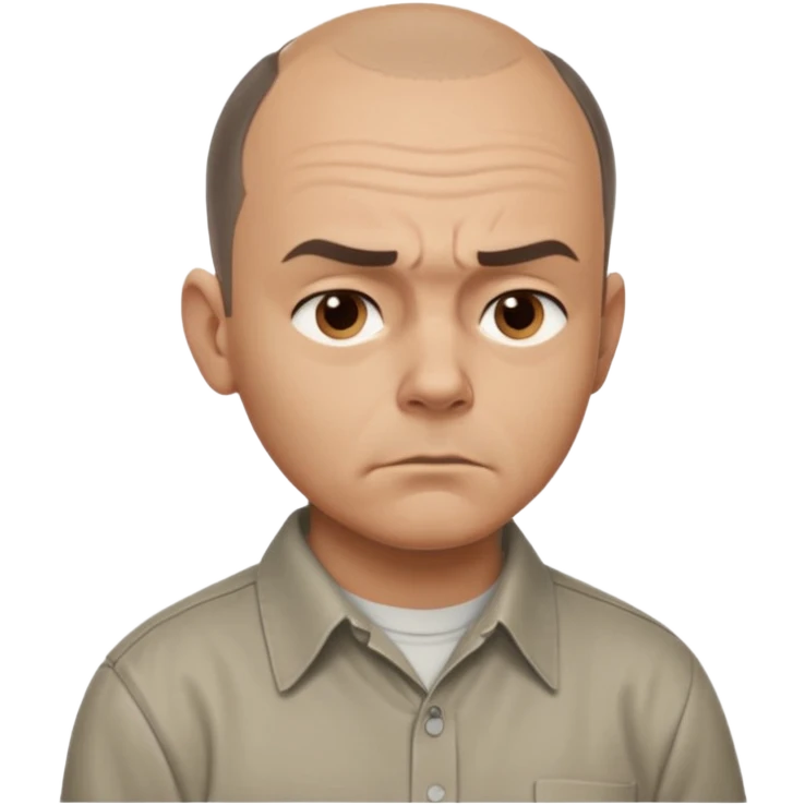 Carl from Sling Blade, serious expression, recognizable features, chin sticking out, slouching posture, no glasses, shirt with collar,  side view,show his entire body, he is standing. three-quarter face angle. He sticks his head forward. face should be more realistic emoji