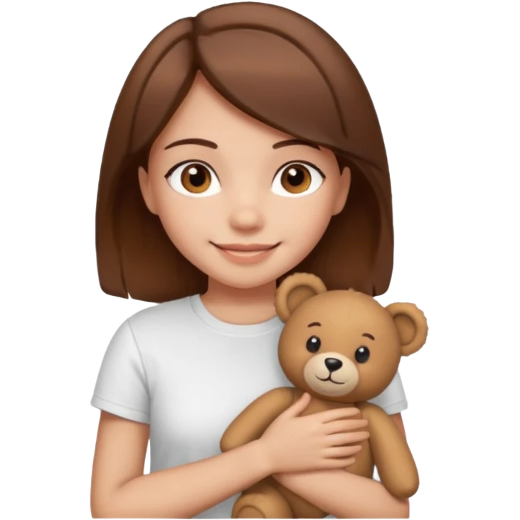 A Girl with Brown hair and Brown eyes with a t-shirt White. The t-shirt have dels a Teddy bearthe Gor have White skins and she is smiling emoji