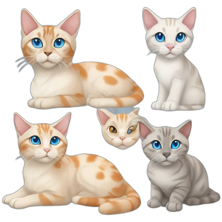 one grey lynx point siamese cat with blue eyes, one orange and white tabby cat, and one orange cat with orange eyes emoji