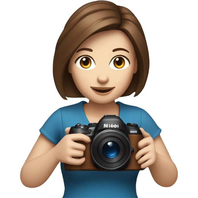 Portrait of stylish woman with blue eyes and brown bob hair holding a nikon camera￼ in hands emoji