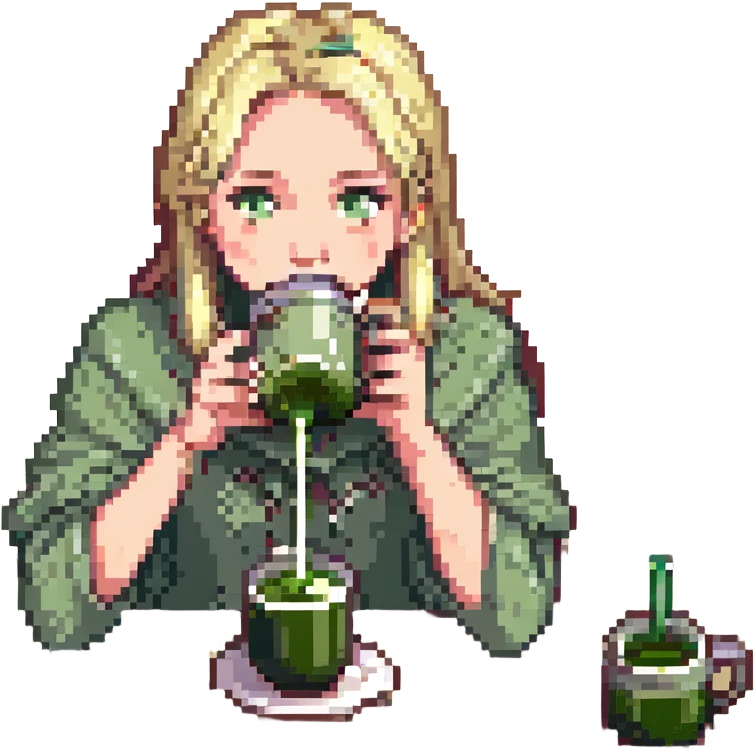 blonde girl drinking matcha, pixel art style emoji