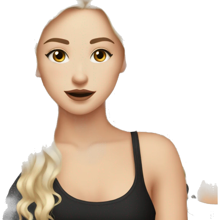 White Girl with long wavy blonde hair eyes closed smiling black tank top and black makeup emoji