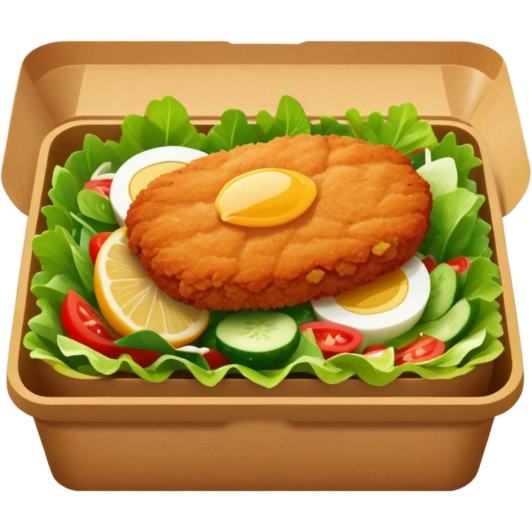 salad in rectangular brown box container. with a chicken cutlet on top emoji