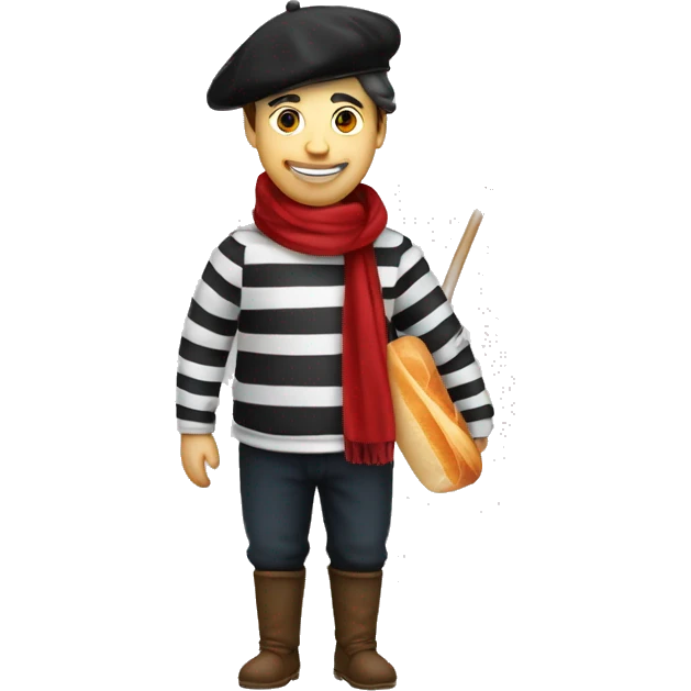 a french guy with a beret, black and white striped clothes, a red scarf and a baguette on his back. And a glass of red wine emoji