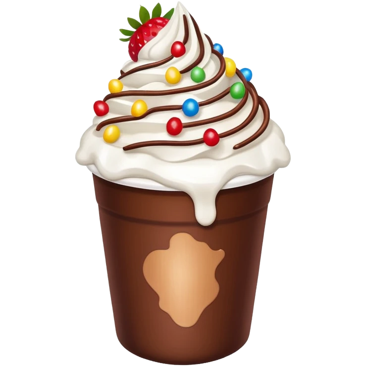 Un vaso plástico cubierto de chocolate que arriba se vea crema batida que por encima se vean fresas y chispas de colores  emoji