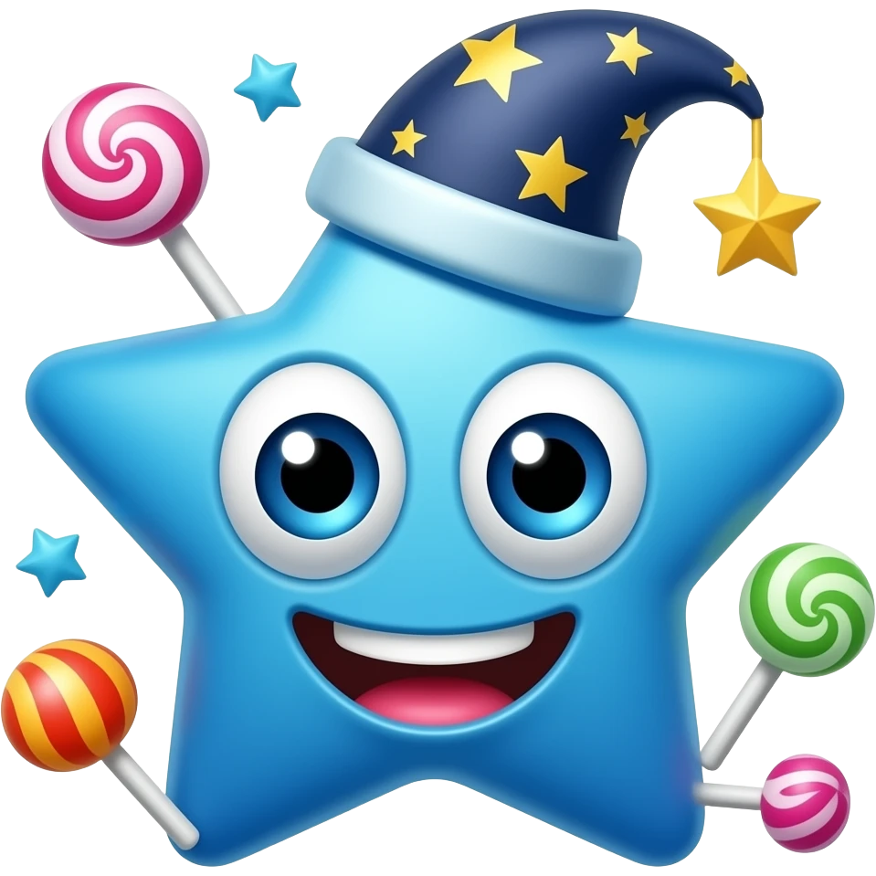 Can you make a blue star emoji that is enegetic,which symbolises  a star ⭐️ that had sugar before bed must have personality eyes and mouths make it more funny and add a night hat and show some sweets near it emoji