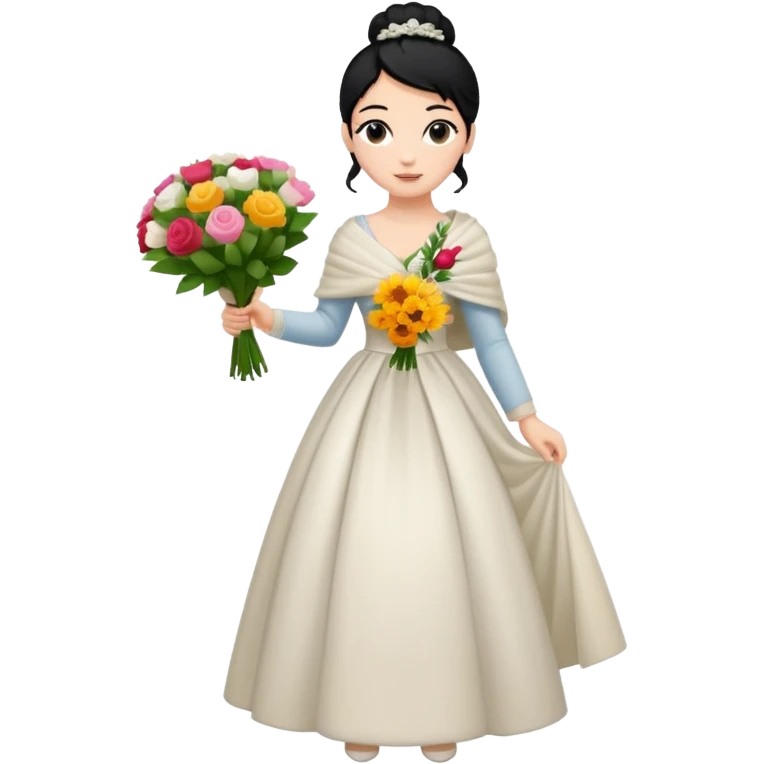 Chica blanca,cuerpo entero, vestido boda ,manga larga ,con estola, pelo negro,    ramo de flores una mano, pelo recogido en moño alto emoji