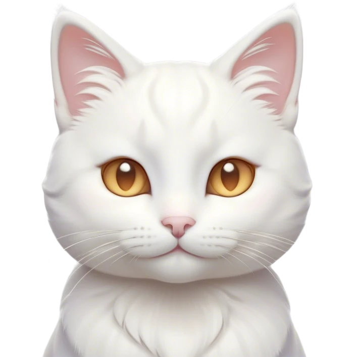 Cinematic Cute White Cat Portrait Emoji, Head tilted with a soft, gentle smile and sparkling eyes, featuring a silky, pristine white fur with subtle silver highlights, simplified yet irresistibly adorable, highly detailed, glowing with a warm, snowy glow, high shine, radiating affectionate charm and tender grace, styled with a light, playful outline, capturing the essence of a cute white cat that looks as if it could melt your heart with a single blink! emoji