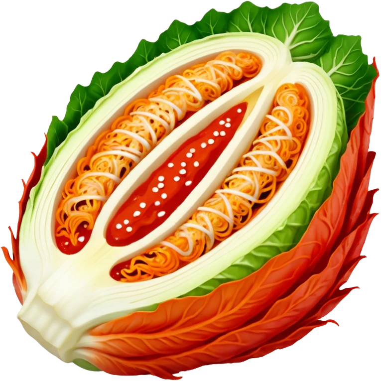 kimchi cross-section of napa cabbage fully marinated in bright red pepper paste, vibrant red, no face emoji