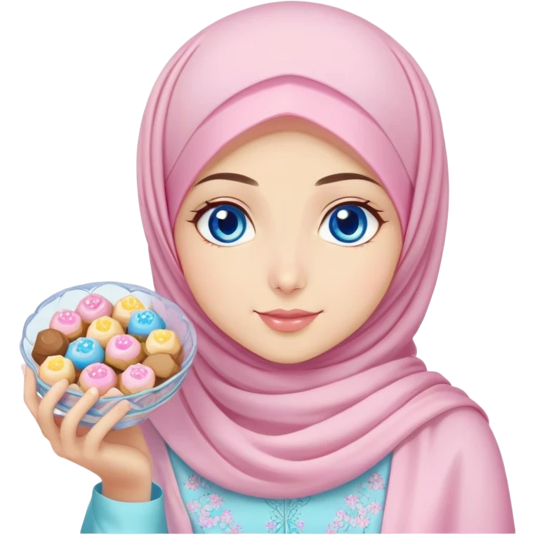 Turkish beautiful finish Konya girl blue eyes with pastel sakura hijab islamic dress and had on her hand text Eid Mubarak with sweets and celebrating with her friends eid days   emoji