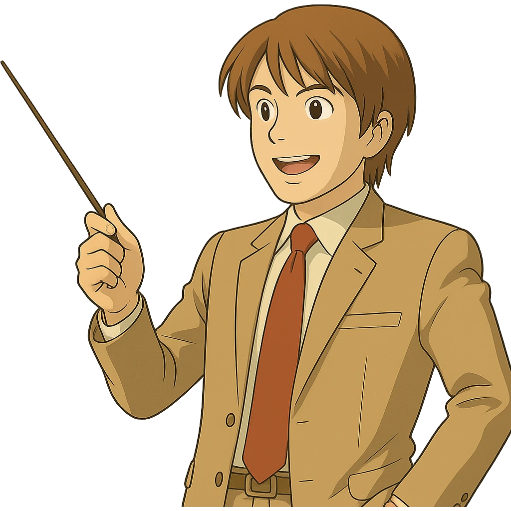 Change the angle of the teacher's stick so Light Yagami is pointing to the right, confident expression, Ghibli style, transparent background. emoji