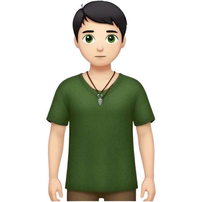 medieval outfit worn by a DnD themed fantasy character. basic short-sleeved wool tunic with a long-sleeved undershirt and a simple leather cord necklace. clothes only above the waist. The clothes full waist. The character's haven't arms. character is messy black hair green eyes short hair light-skinned man. emoji