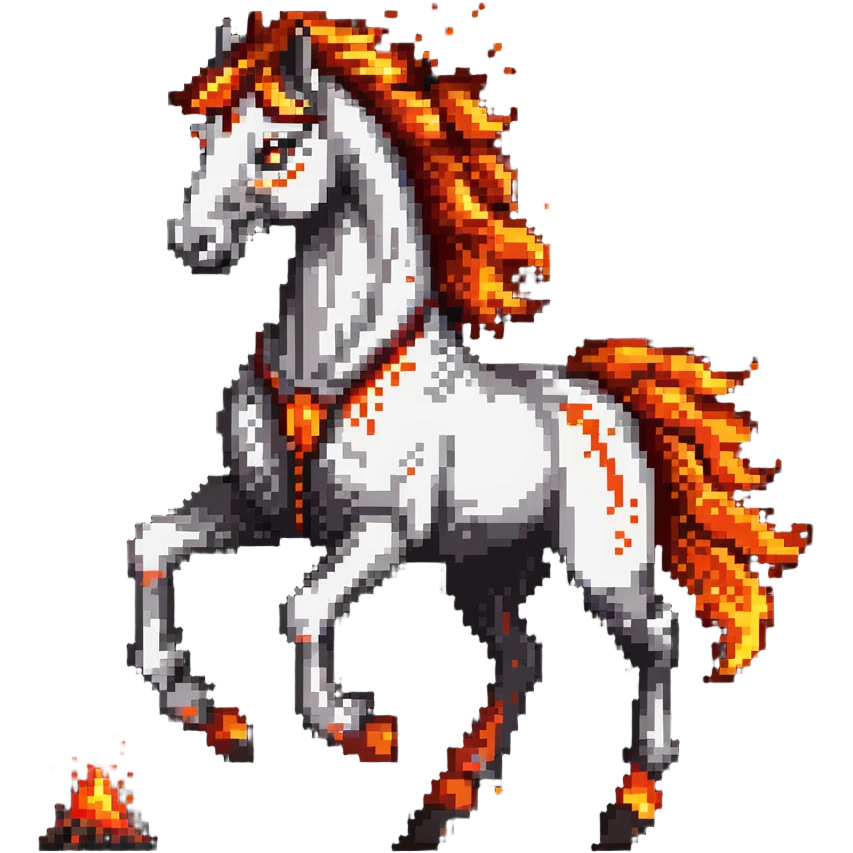 A fast-running fire horse made of embers, magma, and visible lava, with burning mane and ash particles emoji