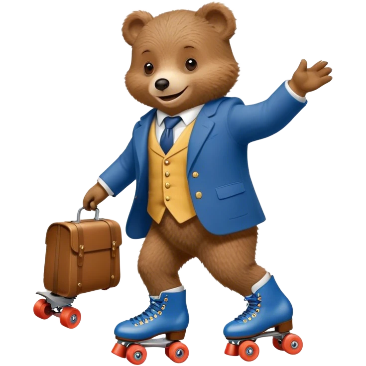 Paddington bear wearing a suit with roller skates on his hands emoji