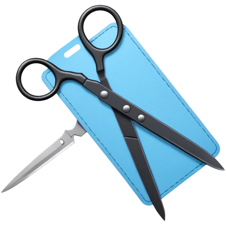 Floating black Scissors cutting a light blue military ID card in 2 parts .hyper realistic emoji