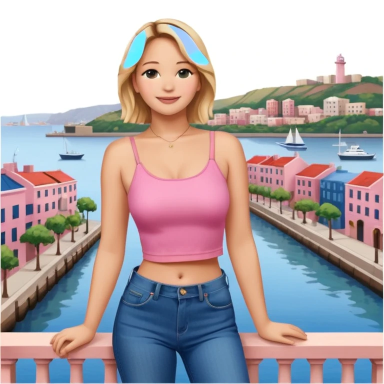 jennifer lawrence, pink crop top, and blue jeans, leaning on a balcony with a harbor and cityscape in the background, smiling emoji