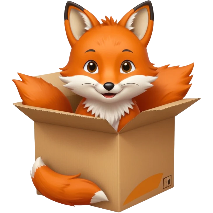 adorable fox peeking out of a cardboard box, smiling, kids toy look emoji