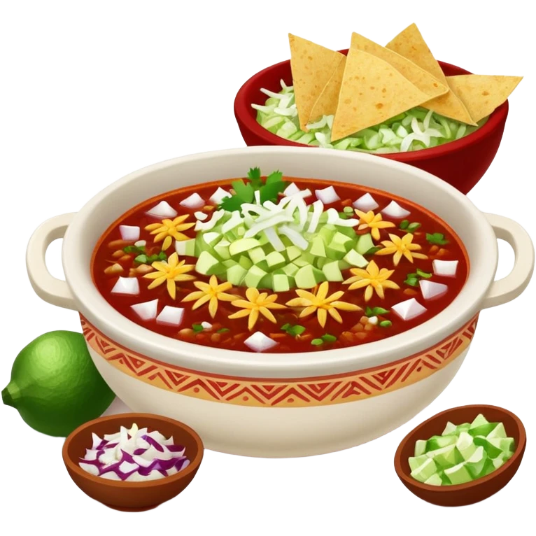 A delicious hot bowl of pozole rojo with separate sides next to the bowl: white chopped onions, green shredded cabbage, lime wedges, red chile de arbol salsa, and round tostadas emoji