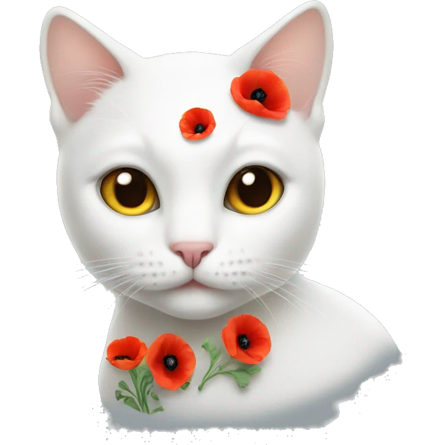 White cat with poppy flower emoji