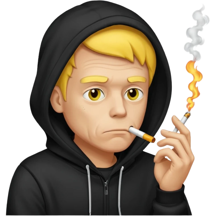 A sad yellow man🫩 in a black hoodie 🎱 smoking a cigarette 🚬 emoji