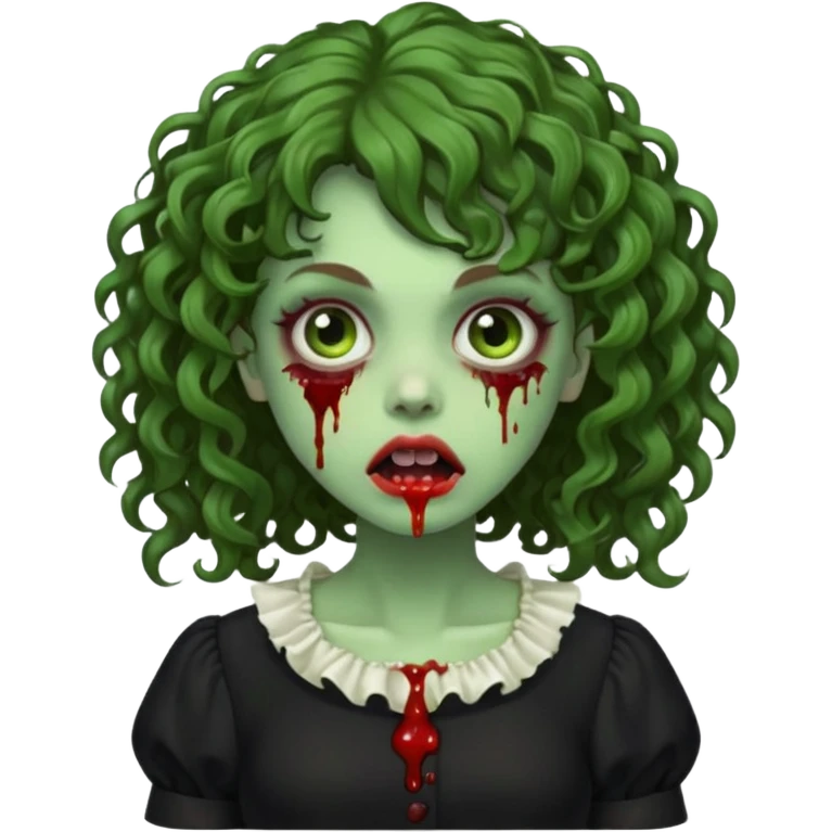 Green zombie emoji girl with curly Brown hair, with curly bangs, wearing a black bluse, blood Just in the tongue  emoji