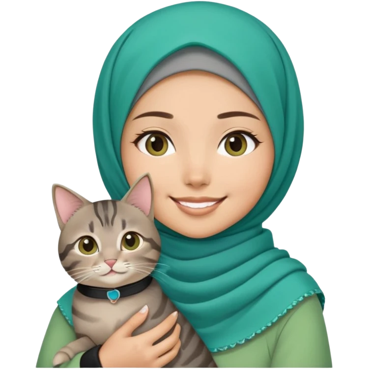 Asian White girl wearing cute green hijab holding a black grey tabby cat while smiling. The cat is wearing a blue collar emoji