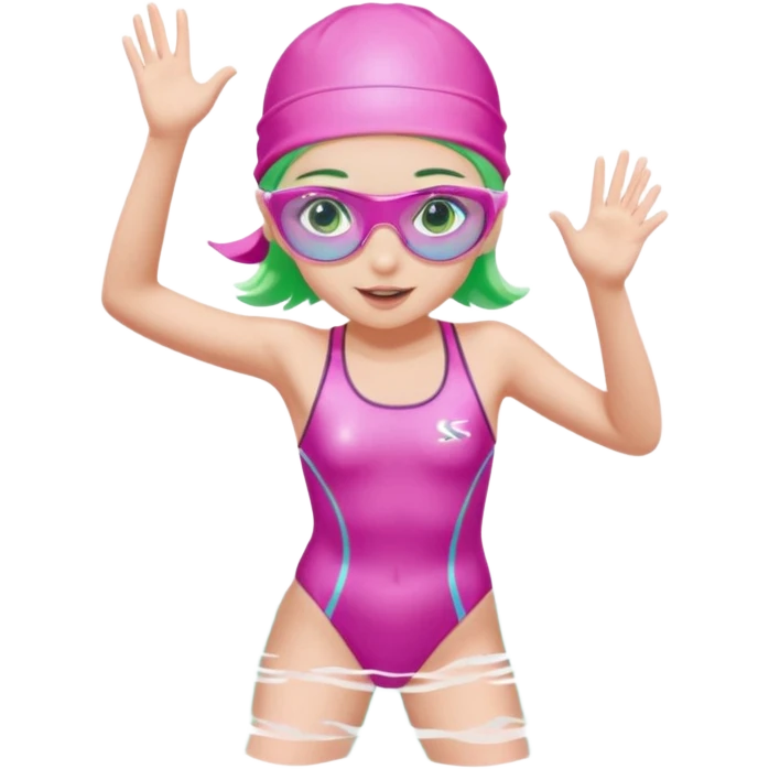 pretty girl with green eyes pink swim cap holographic swimming glasses and cute profesional swimmer pink swimsuit jumping in water emoji