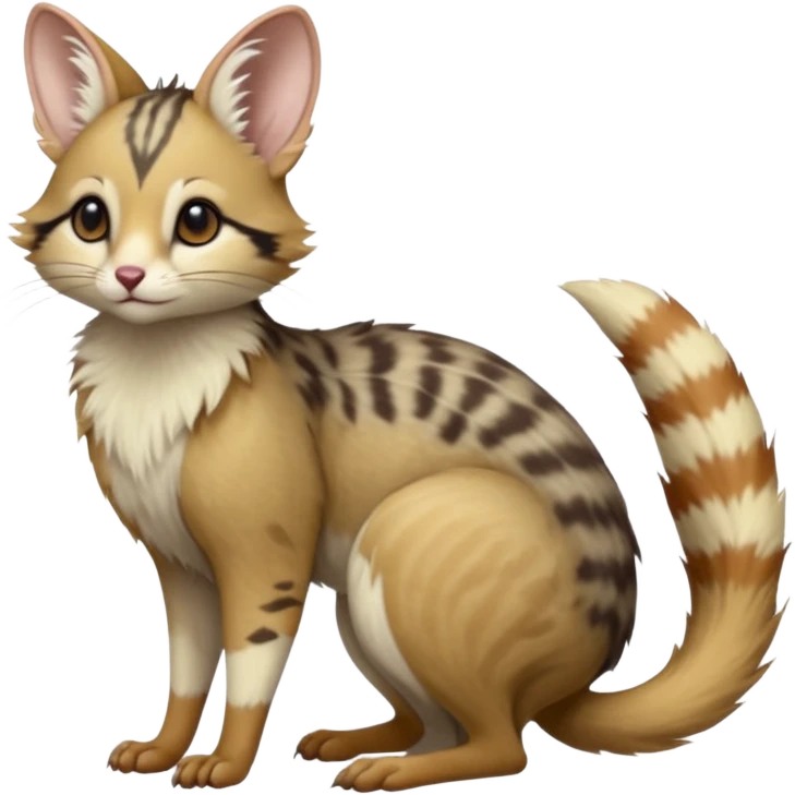 Greyish brownish beige ginger, soft realistic romantic vintage antique divine beautiful elegant pretty precious cute young youthful  Fakémon-Pokémon-opossum-feline-mouse-serval-caracal-chinchilla-Minccino-Cinccino-Meowstic-rodent-hybrid-creature with a tufted tail (full body) emoji