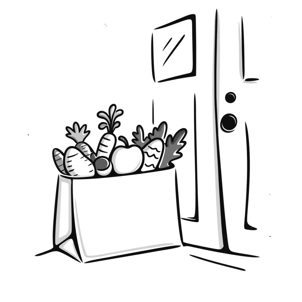 doodle of a paper bag with vegetables and fruits, delivered at the door emoji